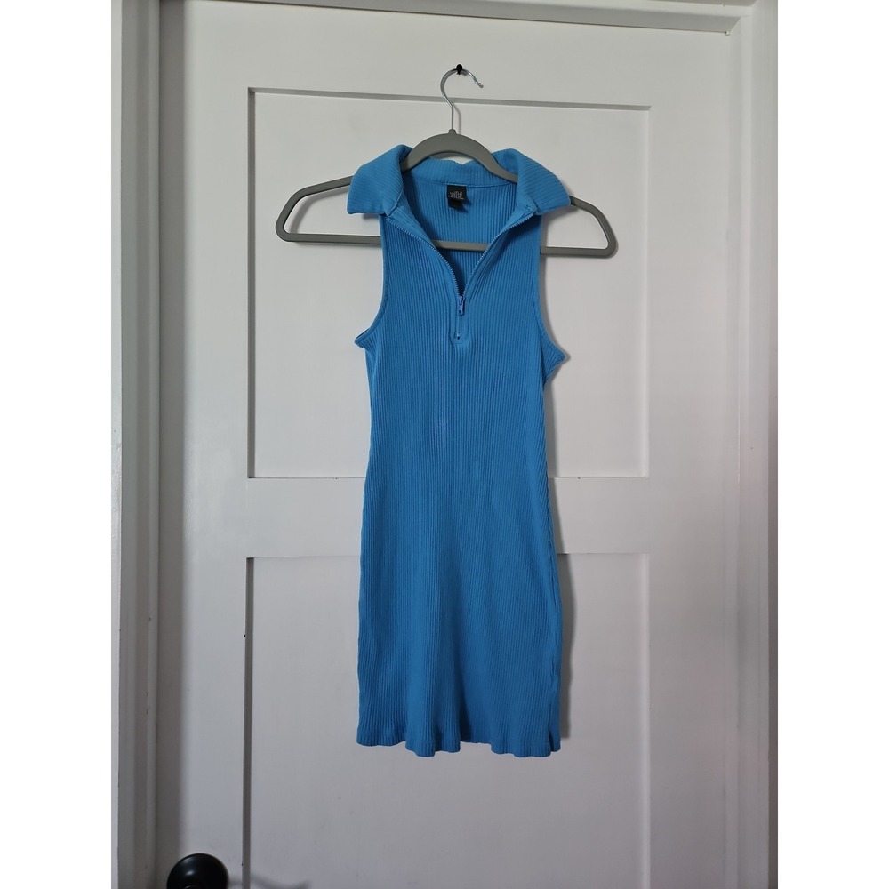 Wild Fable Ribbed Sleeveless Mini Dress Blue Size S Quarter Zip Collared